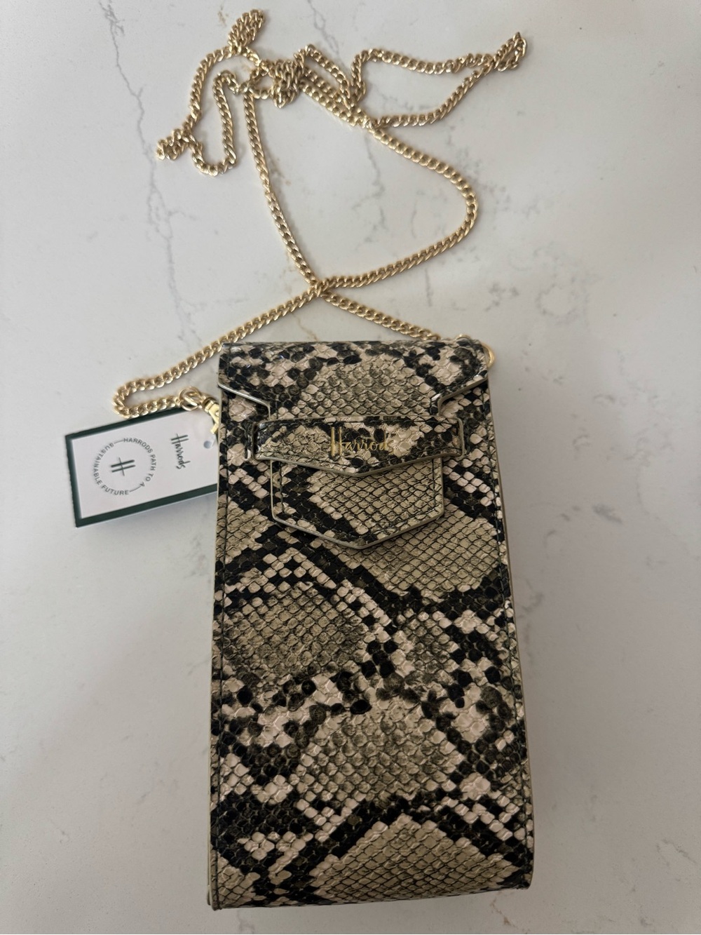 Harrods Snake-Embossed Crossbody Phone Pouch in Beige and Black with Gold Chain